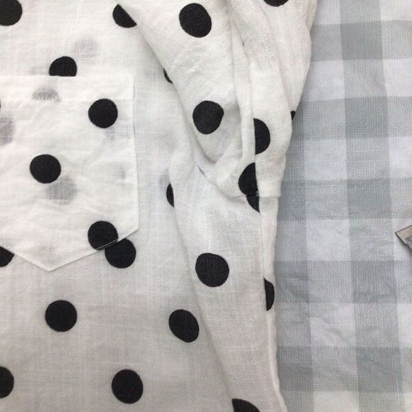 2/40$ LINEN blouse polka dots black ecru mao neck button Down casual shirt med - Picture 4 of 12